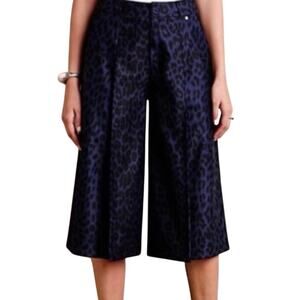 Harlyn Anthropologie Black Blue Leopard Print Onca Culotte Pants Sz 12 Wide Leg